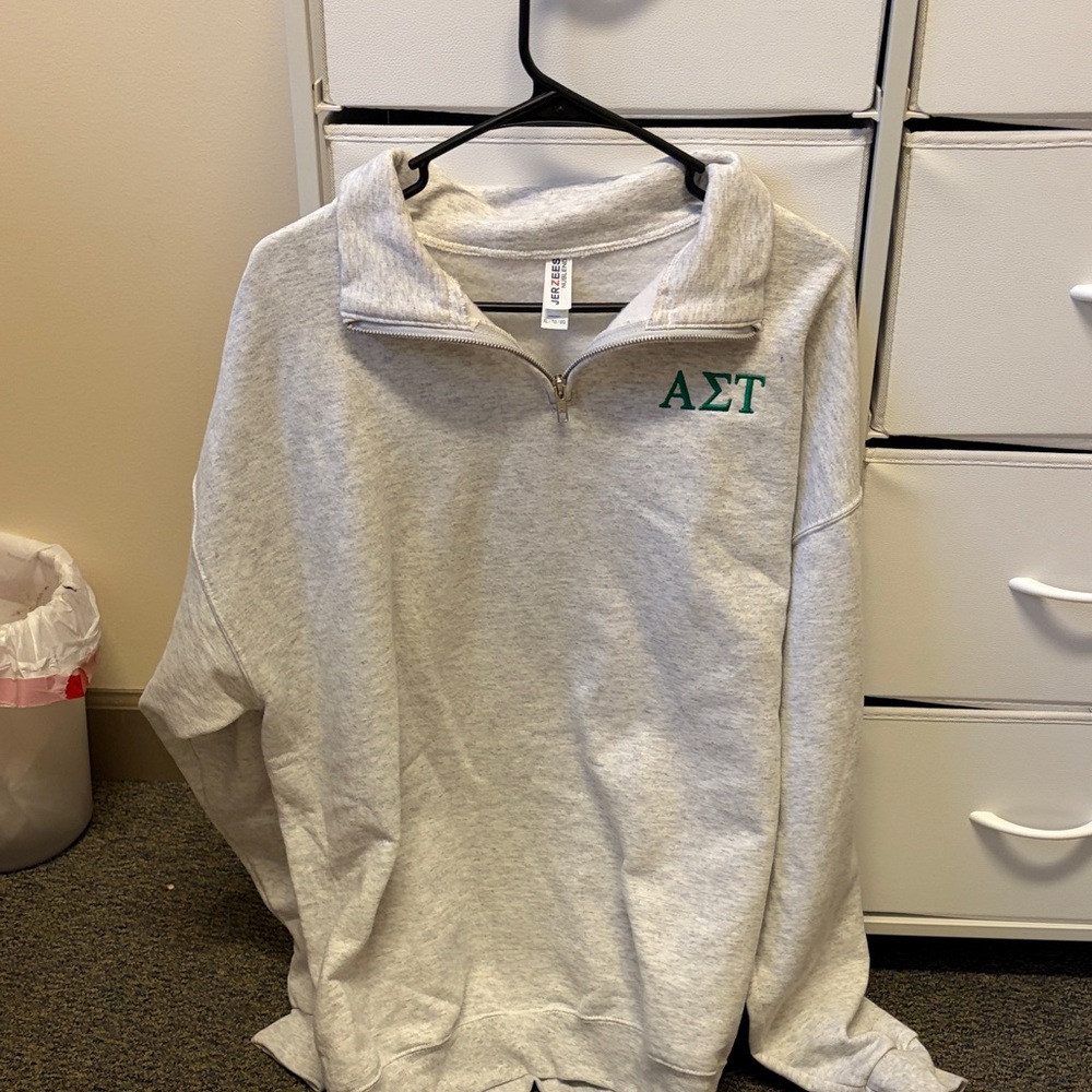 Gray Quarter-Zip Sweatshirt with Green Letters Alpha Sigma Tau